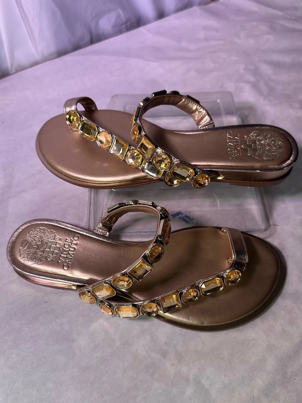 Vince Camuto Brown Sandals with Gold Gem Accents